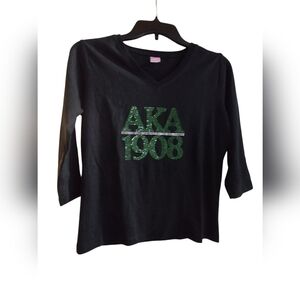 NWOT LAT Black V-Neck Top with AKA 1908 rhinestones pink green SMALL